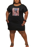 Black Fashion Sexy adult Ma'am O Neck Print Pattern Plus Size