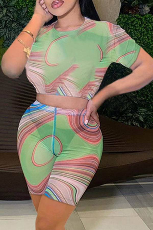 Green Sexy Print Mesh O Neck Short Sleeve Two Pieces