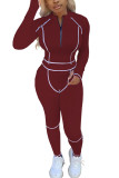 Wine Red Fashion Sportswear Adult Polyester Solid Split Joint O Neck Long Sleeve Regular Sleeve Regular Two Pieces
