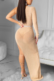 Apricot Sexy Geometric Split Joint See-through Oblique Collar Dresses