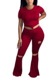 Wine Red Sexy O Neck Solid Hole ruffle Plus Size