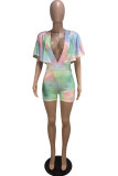 Light Blue Fashion Sexy Print Patchwork Polyester Short Sleeve V Neck Rompers