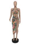 Multicolor Sexy Print Hollowed Out Backless Strap Design Halter Sleeveless Two Pieces