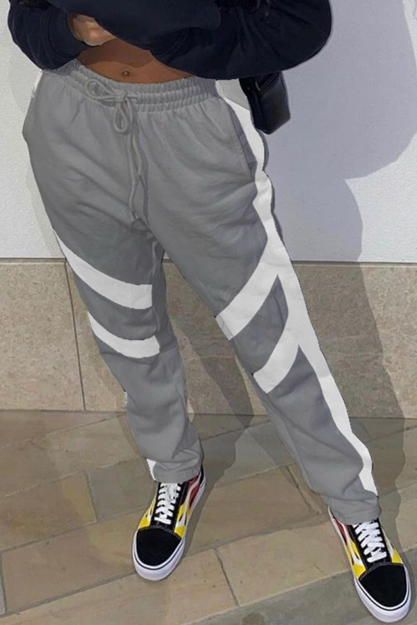 Gray White Sportswear Solid Patchwork With Belt Regular High Waist Pencil Bottoms