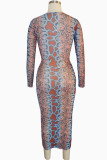 Multi-color Fashion Long Sleeves V Neck Slim Dress Mid-Calf Print Print Dresses