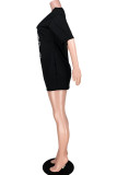 Black Fashion adult Ma'am Street Cap Sleeve Half Sleeves O neck Step Skirt skirt Print Dresses
