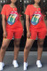 Orange Red Fashion Casual Lips Printed Basic O Neck Short Sleeve Two Pieces
