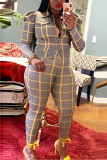 Blue venetian Fashion Casual adult Ma'am Plaid Two Piece Suits pencil Long Sleeve Two Pieces
