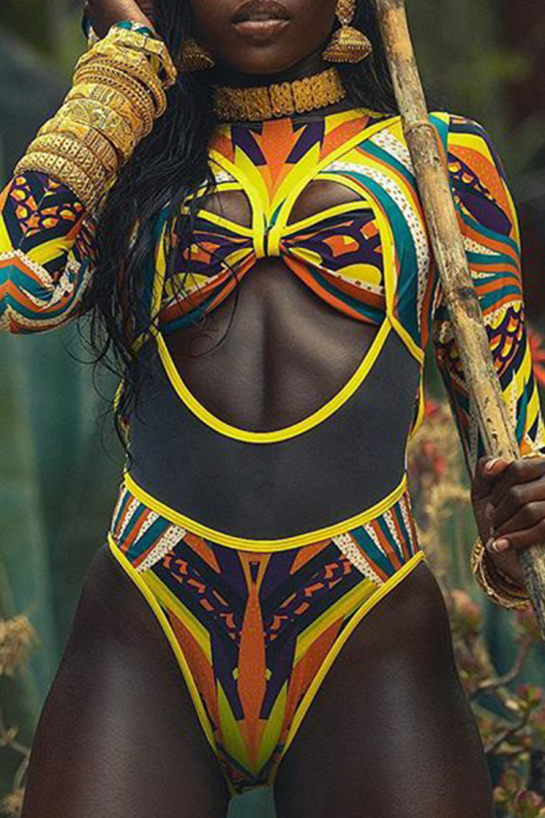Yellow Sexy Print Split Joint Mesh Swimwears