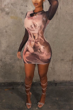 Multicolor Sexy Patchwork Tie-dye O Neck Wrapped Skirt Dresses