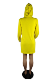 Yellow Street Solid Draw String Hooded Collar Wrapped Skirt Dresses