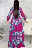 rose red Chiffon Sexy Shirt sleeves Long Sleeves V Neck Swagger Floor-Length Print Patchwork Long Sleeve Dre