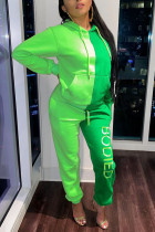 Fluorescent Green Sportswear Print Split Joint Hooded Collar Long Sleeve Two Pieces
