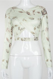 Light Green Sexy Print Hollowed Out V Neck Mid Waist Tops