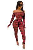 rose red Fashion adult Sexy Letter Print Two Piece Suits perspective Patchwork Mesh pencil Long Sle