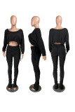Black Casual Solid Draw String Fold O Neck Long Sleeve Two Pieces