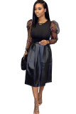 Black PU Street perspective Solid Mesh Patchwork A-line skirt Long Sleeve Two-Piece Dress