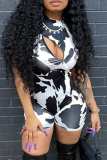 Black Sexy Print Hollowed Out Half A Turtleneck Skinny Rompers