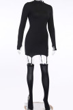 Black Sexy Solid Patchwork O Neck Long Sleeve Mini Pencil Skirt Dresses