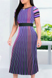 Purple Fashion Casual Striped Print Basic O Neck Short Sleeve Dress