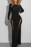 Black Sexy Polyester Milk Fiber Solid Split Joint See-through O Neck Long Sleeve Ankle Length Pencil Skirt Dresses