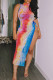 Colour Fashion Sexy Print Slit Half A Turtleneck Sleeveless Dress