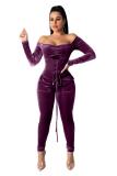 purple Fashion Sexy Patchwork Solid bandage Long Sleeve one word collar 