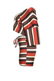Deep Red Sexy Print Oblique Collar Long Sleeve Two Pieces