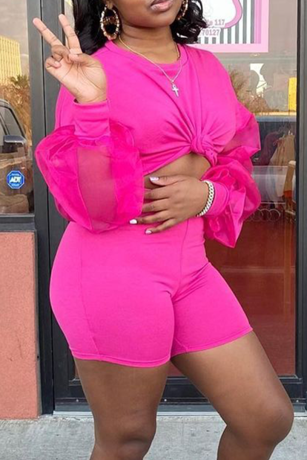 Rose Red Street Solid Mesh O Neck Long Sleeve Two Pieces