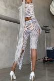 White Sexy Solid Ripped Hollowed Out Patchwork O Neck Long Sleeve Two Pieces