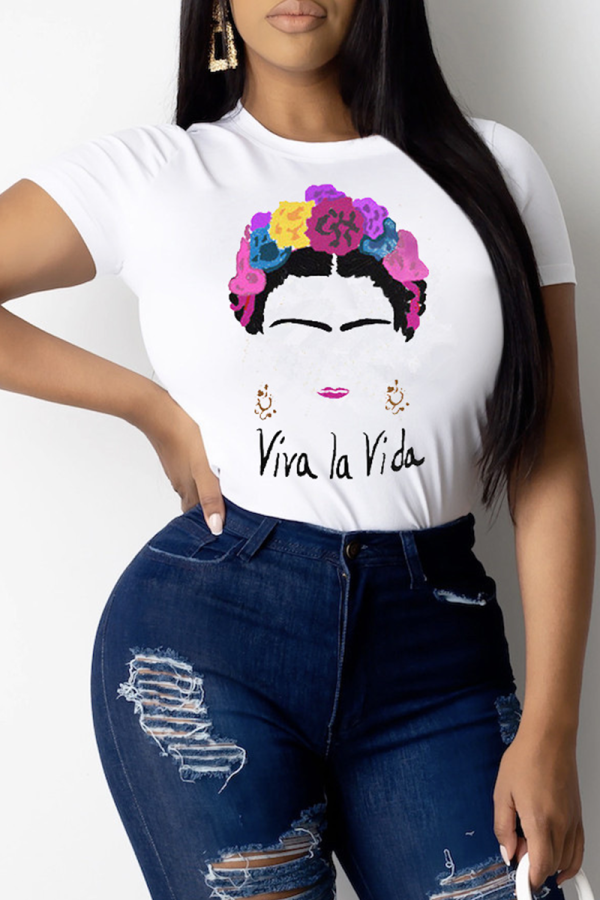 White Casual Print Patchwork O Neck Tops