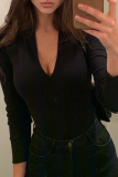 White Sexy Solid Patchwork V Neck Skinny Bodysuits