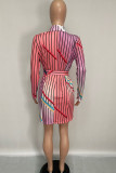 Stripe Fashion Casual Adult Twilled Satin Striped With Belt Turndown Collar Outerwear