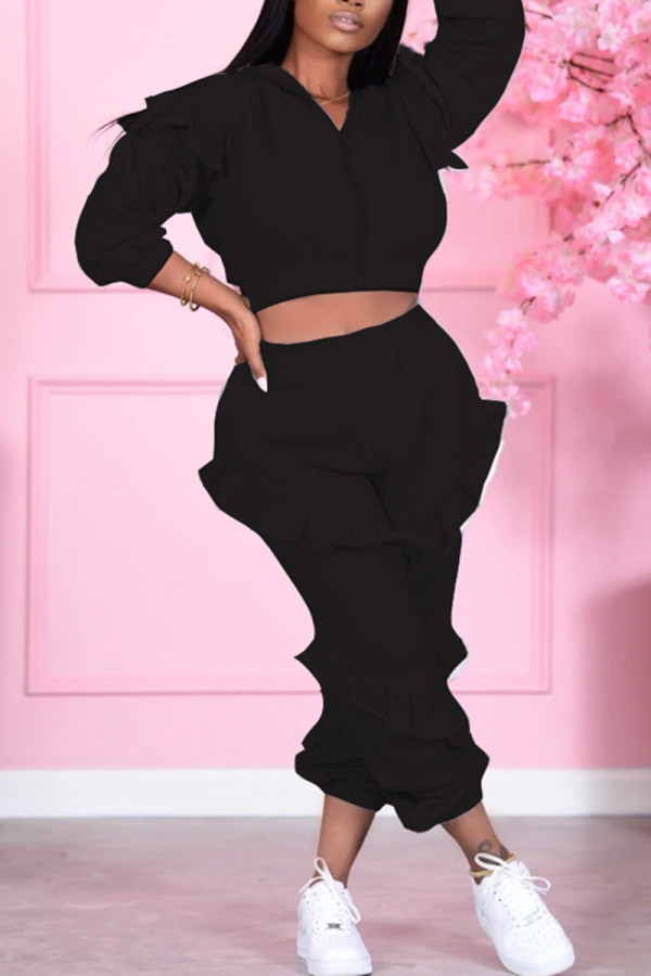 Black Fashion Casual Solid Basic Hooded Collar Long Sleeve Two Pieces
