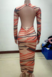 Multicolor Sexy Print Split Joint Mandarin Collar Wrapped Skirt Dresses