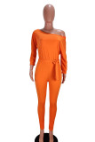 Orange Casual Polyester Twilled Satin Solid Frenulum With Belt Boat Neck Straight Jumpsuits