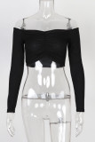White Red Black Blue Pink Orange One word collar Long Sleeve Solid Tops