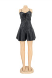 Blue Fashion Sexy Solid Strap Design Square Collar Sling Dress