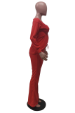 Tangerine Red Sexy Solid Split Joint V Neck Long Sleeve Two Pieces