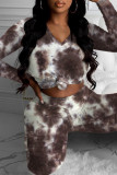 Brown Fashion Casual Print Tie-dye V Neck Long Sleeve Two Pieces