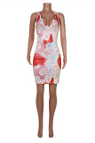 Rose Red Fashion Sexy Print Basic V Neck Pencil Dresses