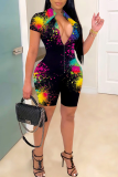 Black Sexy Patchwork Tie-dye Mandarin Collar Skinny Rompers