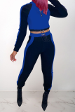 Blue Casual Solid Patchwork Zipper Collar Long Sleeve Two Pieces