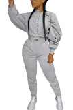Grey Fashion Sexy Adult Solid Bandage O Neck Long Sleeve Regular Sleeve Regular Two Pieces