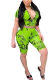 Green Fashion Casual adult Ma'am Patchwork Print Two Piece Suits Straight Short Sleeve Two Pieces