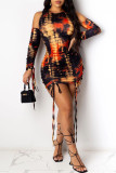Red Fashion Sexy Print Draw String Strap Design O Neck Printed Dress
