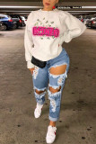White Fashion Casual Letter Print Basic O Neck Tops