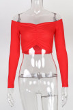 White Red Black Blue Pink Orange One word collar Long Sleeve Solid Tops