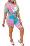 Pink venetian Fashion Casual Print Tie Dye Two Piece Suits pencil Short Sleeve Two Pieces