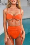 Orange Draped backless crop top Tassel bandage Solid Fashion Sexy Tankinis Set